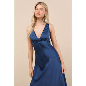 Lulus Incredible Love Navy Satin Cowl Back Midi Slip Dress Blue - Size M